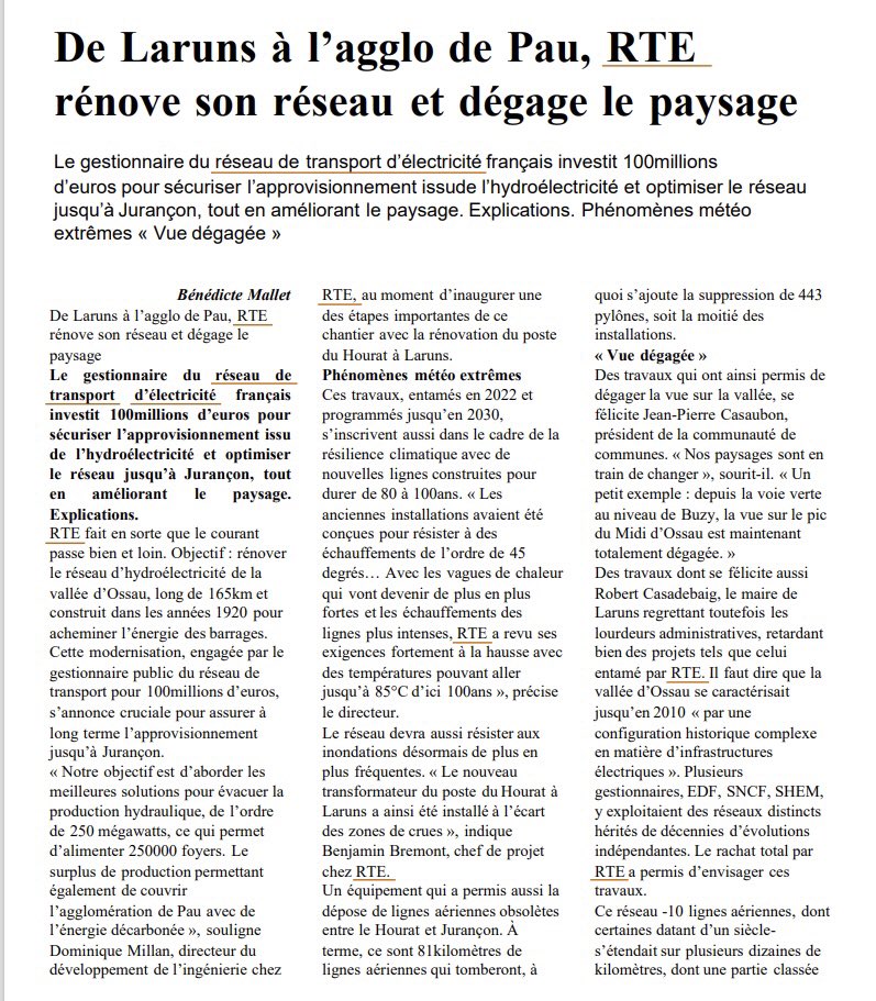 RTE_SudOuest's tweet image. Un grand merci à @charentelibre pour leur article sur la rénovation du réseau électrique dans la vallée d’Ossau ! 
⚡️🌄 Grâce à RTE, sécurité énergétique, transition écologique et paysages valorisés sont au rendez-vous. #TransitionEnergetique #Ossau 💚🔋