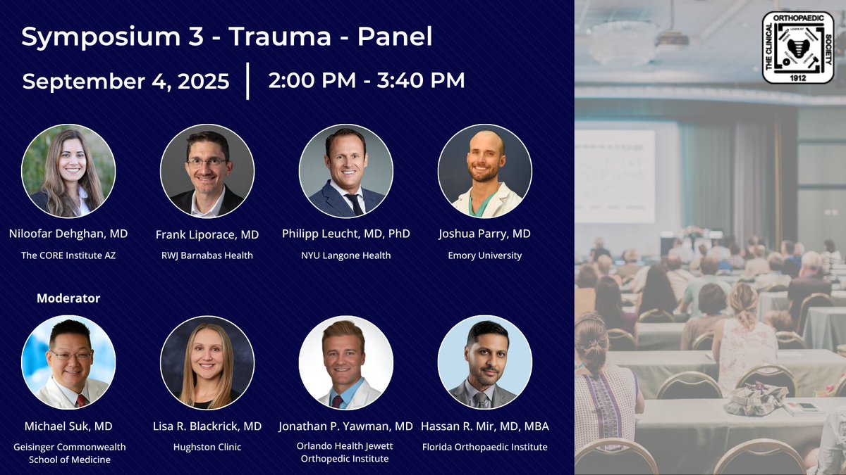 ClinicalOrtho1's tweet image. Explore hot topics in ortho trauma—from sacral fractures to open and periprosthetic cases. Join expert-led case debates and a deep dive panel on real-world strategies.
#Orthopaedics #TraumaSurgery #FractureManagement #OrthopaedicTrauma #SurgicalDebate #COS2025