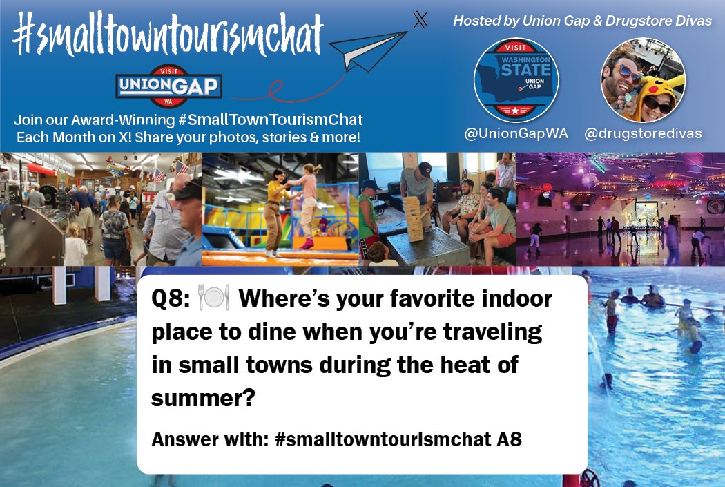 UnionGapWA's tweet image. Q8. 🍽️Where’s your favorite indoor place to dine when you’re traveling in small towns during the heat of summer? Let us and @drugstoredivas know!
#SmallTownTourismChat #travel #tourismthrivesinpeace