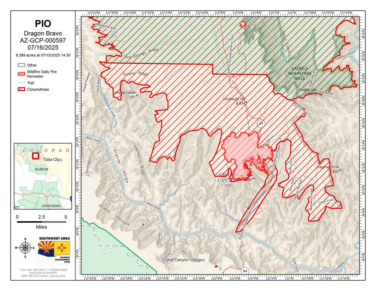 GrandCanyonNPS's tweet image. #DragonBravoFire Update - Acres: 9,289; Containment: 0%; Personnel: 529. Aerial & ground firefighters using full suppression strategy to protect all remaining values at risk located within Grand Canyon National Park. Fire continues to grow on North Rim but showed significantly…