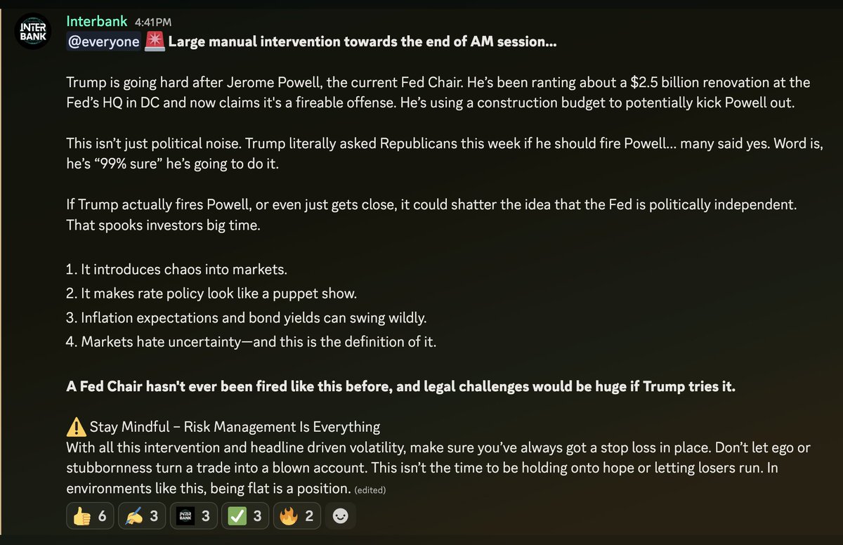 _interbank's tweet photo. 🚨Personally, I don’t think this will actually go ahead.
Yes, markets are clearly nervous and reacting to all the noise but I’d be genuinely amazed if Trump really manages to fire Powell.
We’ve seen this playbook before. Trump is loud, chaotic, and thrives off headlines, but this is a legal minefield. Firing a Fed Chair isn’t like sacking a cabinet member. It's an untested legal move that would almost definitely trigger court challenges and massive institutional pushback.
And here’s the key point:
 Powell isn’t really “under” Trump—he’s above him in the bigger scheme of things... 1/2