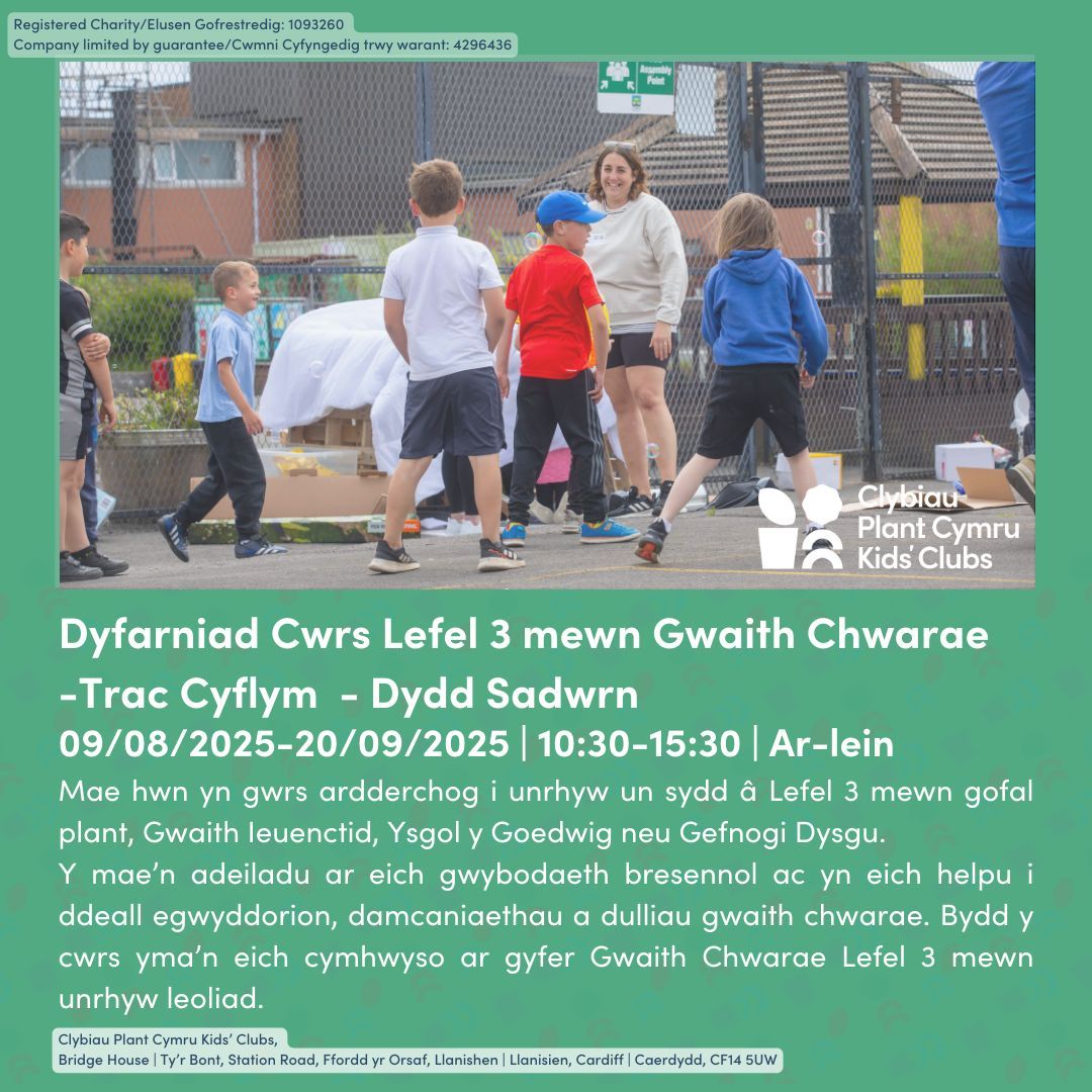 Dyfarniad Cwrs Lefel 3 mewn Gwaith Chwarae -Llwybr Cyflym (22083) 
Dydd Sadwrn- 09/08/2025-20/09/2025 

BWCIO NAWR >> buff.ly/y26h7mz