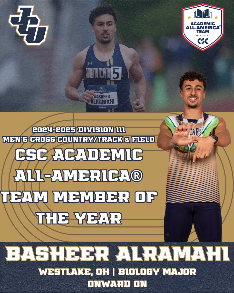 jcusports's tweet image. MT&F: Basheer Alramahi wins the 2024-2025 CSC Academic All-America® Team Member of the Year for Men's Division III Track & Field/Cross Country.
Basheer becomes the fourth student-athlete in JCU Athletics history to win the award. ⚡️⚡️
@JCUXCTF
#StreakUp | #WhyJCU | #NCACFamily