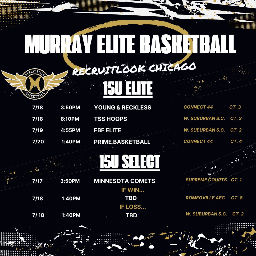 Murray Elite Basketball (@murrayelite) on Twitter photo The wait is over! The NCAA Live Period is HERE and we’re headed to the Windy City for the <a href="/RL_Hoops/">RecruitLook Hoops</a> Bracket Finale and Open Run!
Our rosters are full of talented, high academic, student-athletes looking for an opportunity to play at the next level.
🗓 below👇
#Murrayelitefam The wait is over! The NCAA Live Period is HERE and we’re headed to the Windy City for the <a href="/RL_Hoops/">RecruitLook Hoops</a> Bracket Finale and Open Run!
Our rosters are full of talented, high academic, student-athletes looking for an opportunity to play at the next level.
🗓 below👇
#Murrayelitefam