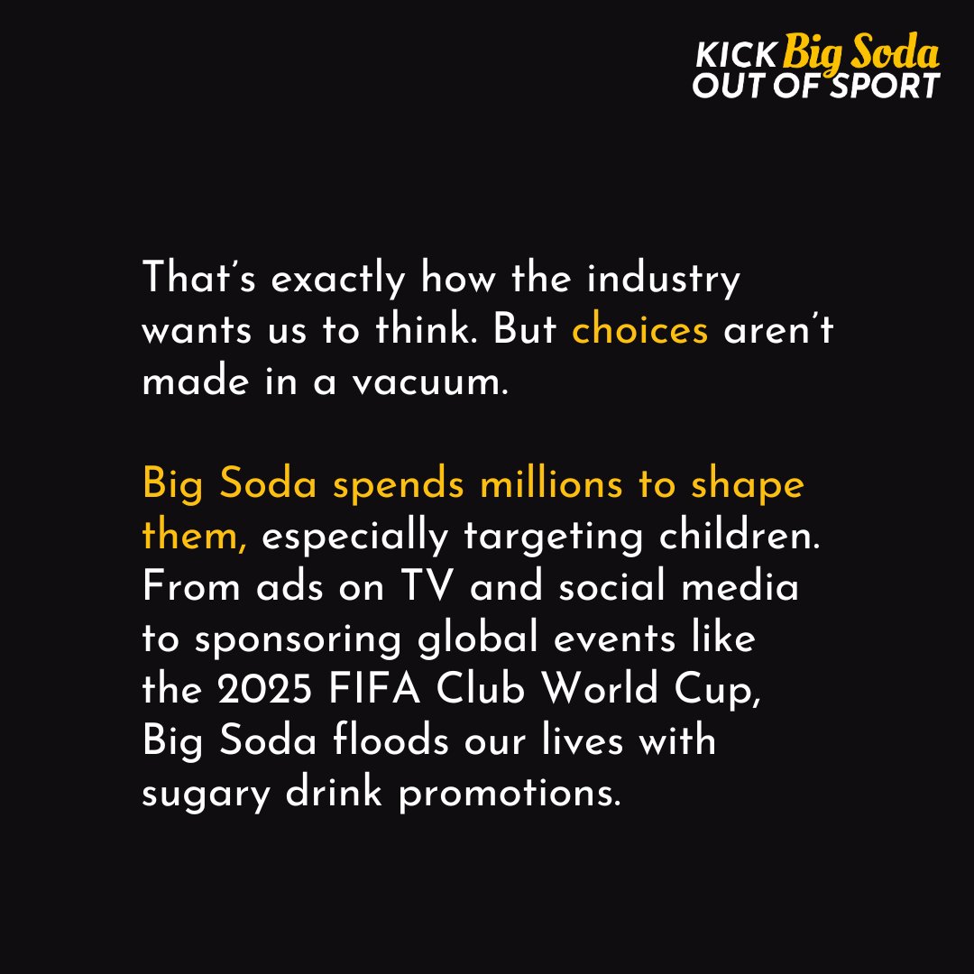 KickBigSodaOut's tweet image. This isn’t about choice—it’s about manufactured demand.
Big Soda spends millions 💵 to push sugary drinks through sport, targeting children and teens with unhealthy products.
Learn more at kickbigsodaout.org
