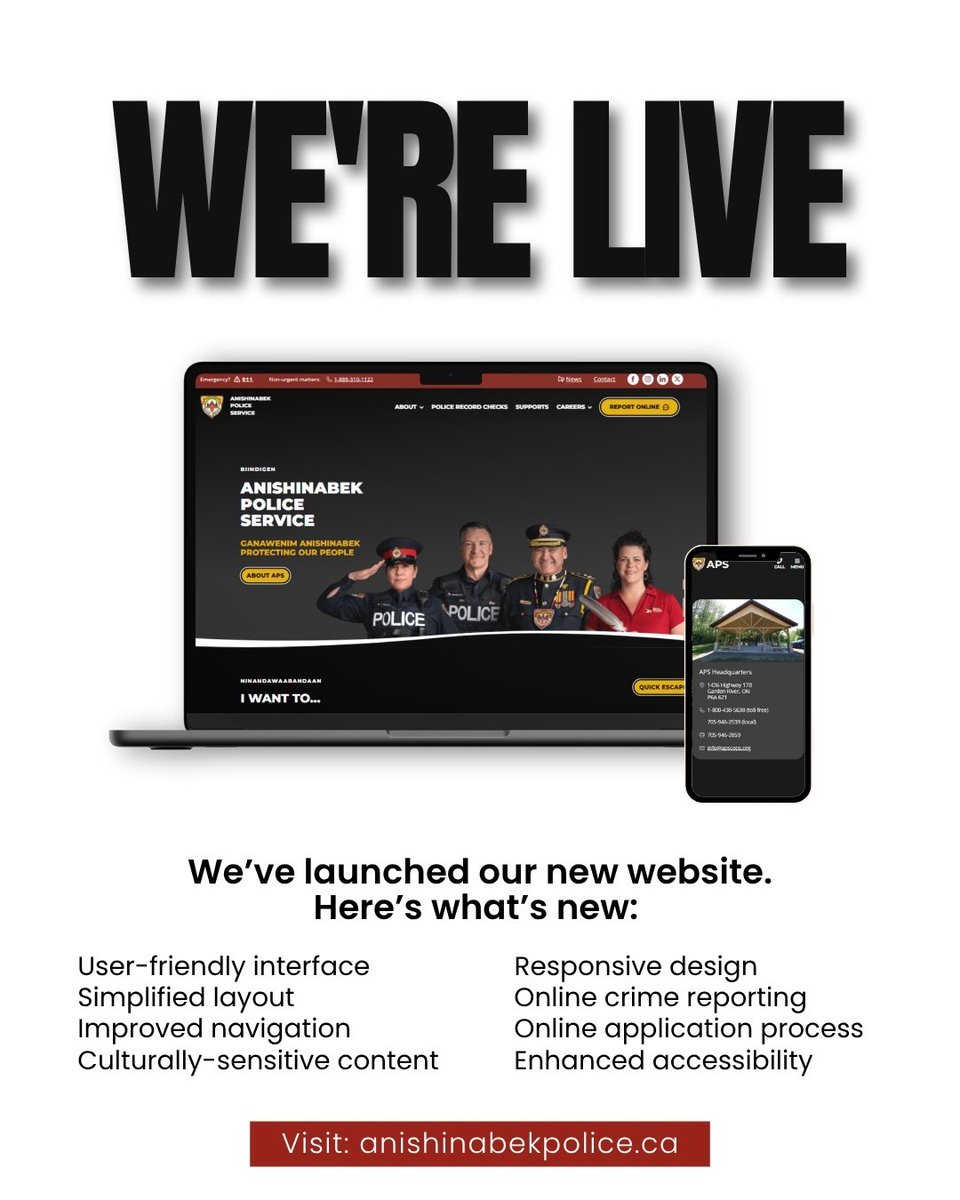 📢 Anishinabek Police Service Launches New Public Website 📢
 
The Anishinabek Police Service is proud to announce the launch of its new website.
 
The new website provides a more user-friendly experience for those seeking information about our police service, public safety