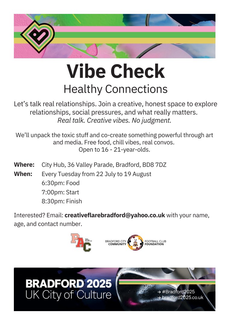 bcafc_cf's tweet image. 💫 | #VibeCheck
We’ve teamed up with @bradford2025 and #OurPatchBradfordWest to bring you Vibe Check, a project which aims to use creativity and media to unpack the toxic stuff 👇
🗓️Starts Tuesday at the #CityHub 🥳
Interested?
Drop us a line and join in:…