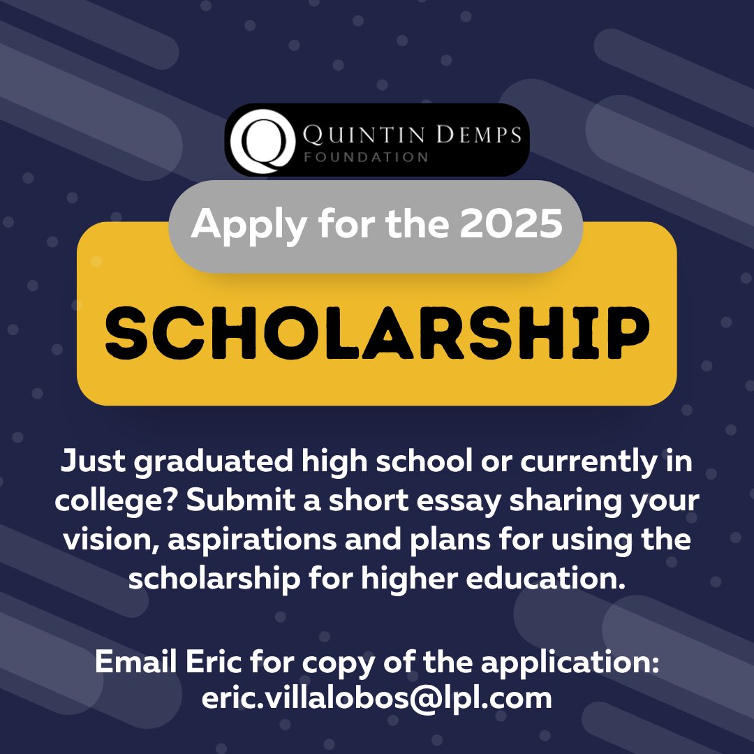 The Quintin Demps Foundation (<a href="/QDemps/">Coach Q</a>) is taking applications for their annual scholarship.

Students are encouraged to email Eric (below) for the scholarship packet today.

** Scholarship only available to El Paso, Texas, residents. The college student can attend school