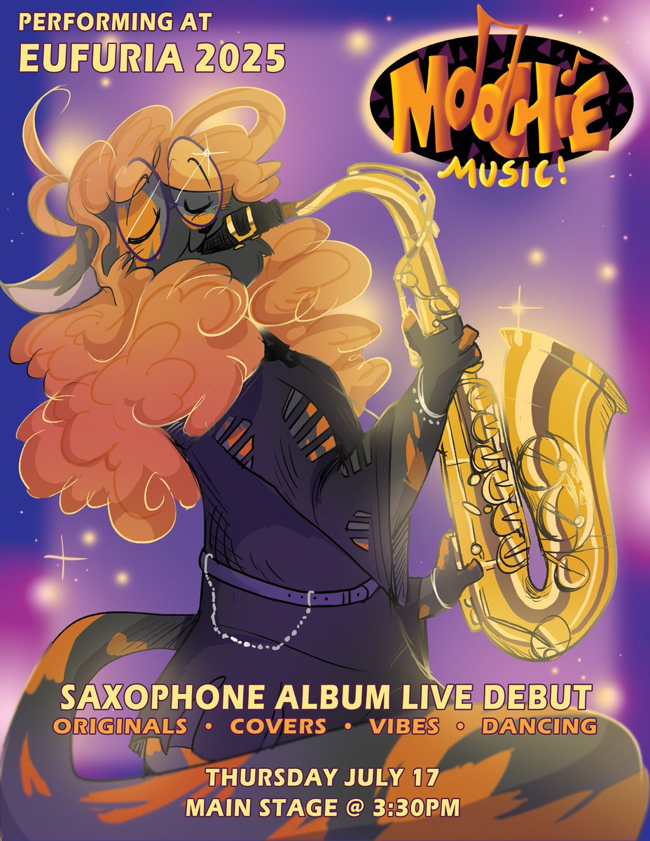 💜🧡🖤 MOOCHIE MUSIC!!!

If you’re headed to #Eufuria tomorrow, come on down to the MAIN STAGE AT 3:30 PM for <a href="/he_mooc/">MoocHe</a> ‘s AMAZING saxophone album debut! Trust me, you DON’T wanna miss this!!!

—-
#furry #eufuria2025 #furrycon #furryconvention #oc #originalcharacter #furrymusic