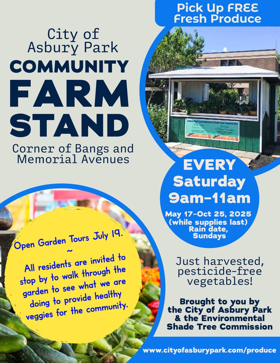 Open Garden Tours – Saturday, July 19
Stop by the City of Asbury Park Community Farmstand (corner of Bangs &amp; Memorial) between 9am and 11am to walk through the garden and see how we’re growing fresh, healthy veggies for the community. All residents welcome!