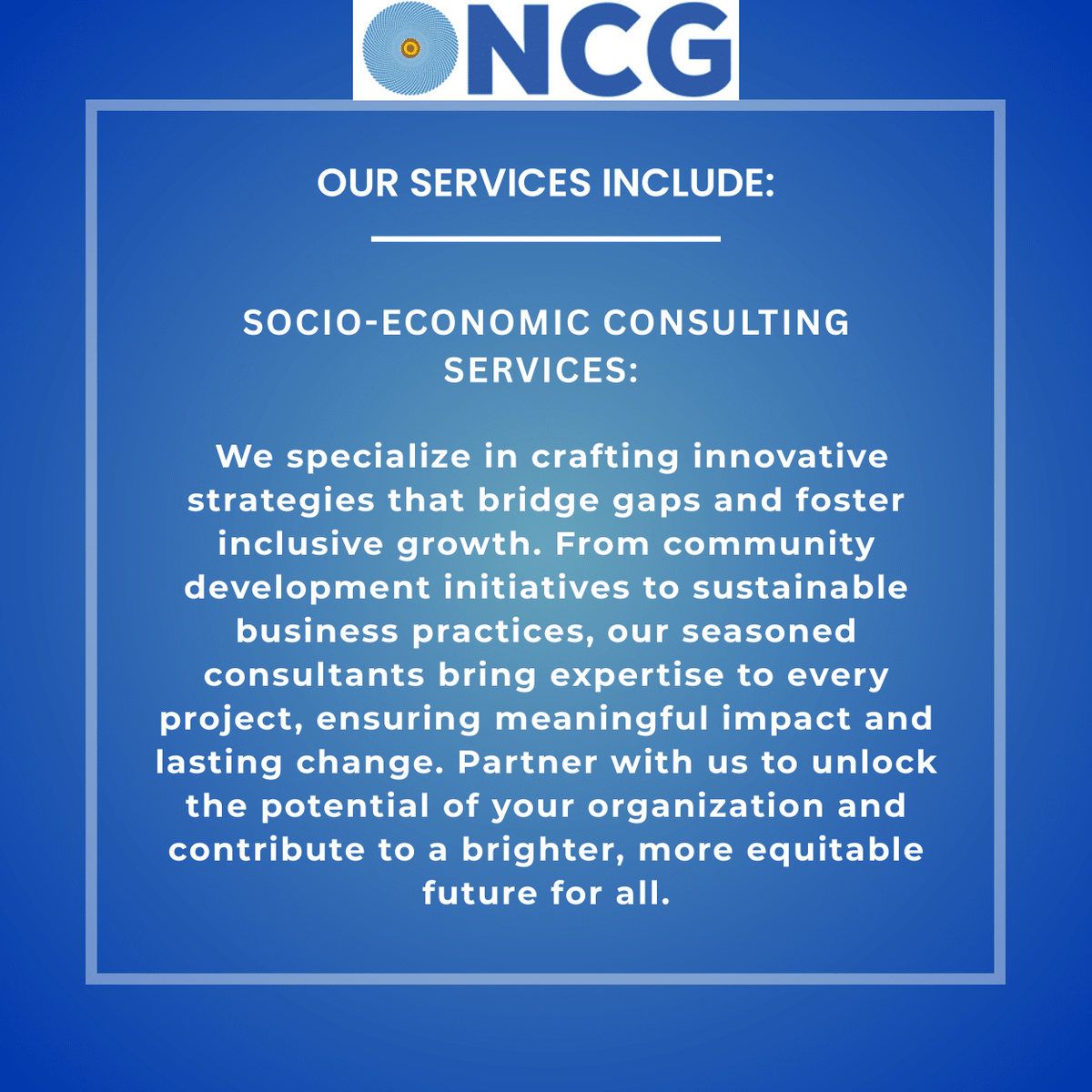 GlobalOncg25's tweet photo. Crafting innovative strategies for a brighter, more equitable future. 
ONCG Global specializes in Socio-Economic Consulting, bridging gaps and fostering inclusive growth through community development and sustainable practices. 
#SocioEconomic #SustainableDevelopment https://t.co/RImG8Kvi8R