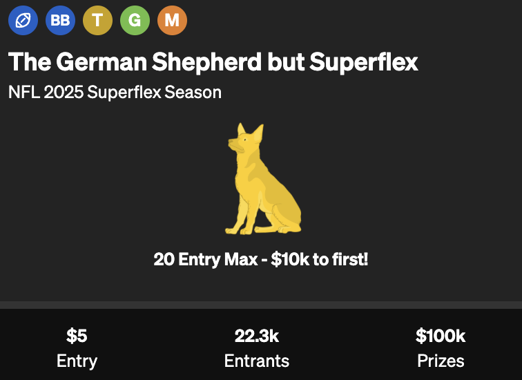 UnderdogDrafts's tweet image. The German Shepherd but Superflex is LIVE 🏈
$5 to Enter
$100k in Prizes
$10k to 1st Place