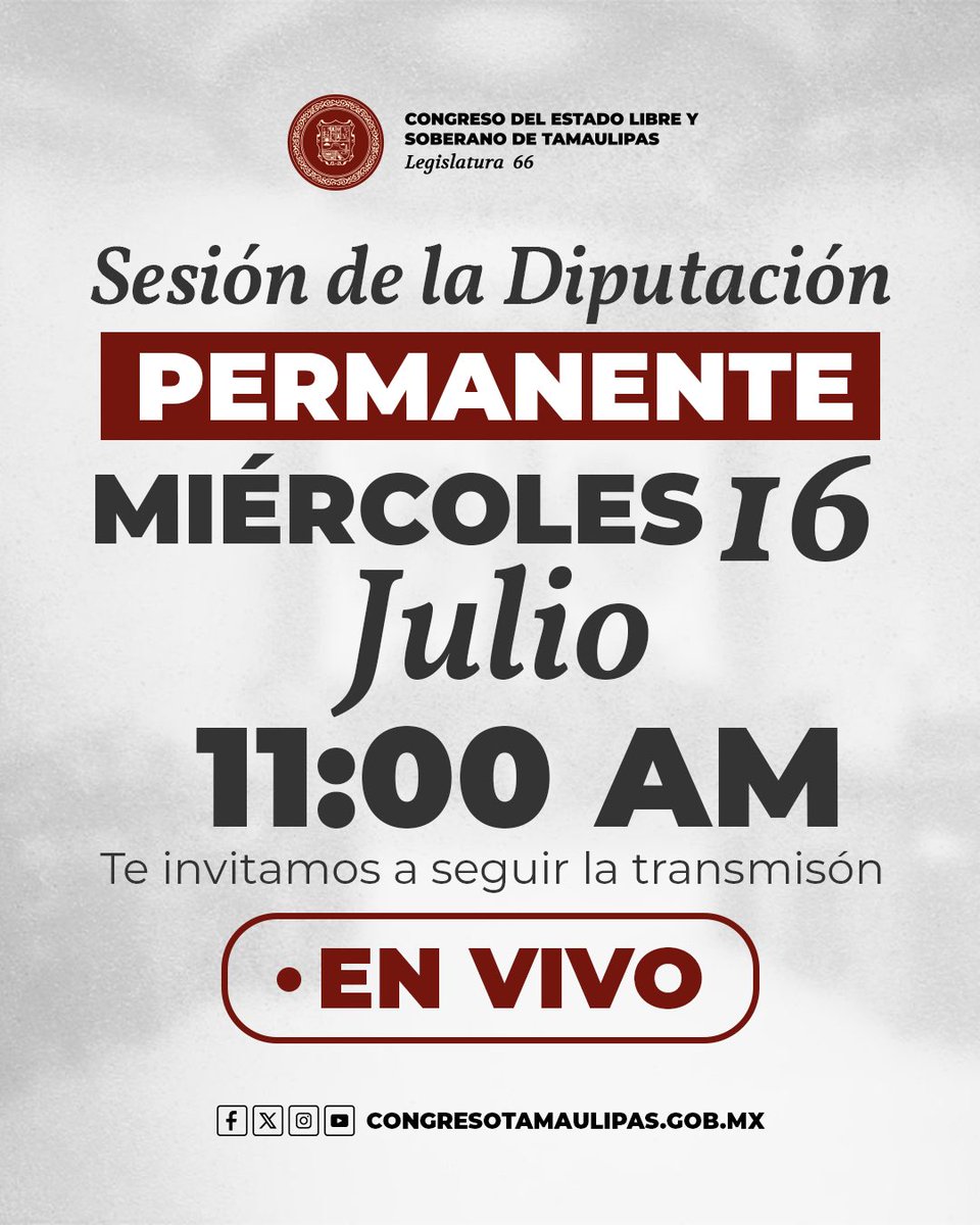 #Recuerda 👇🏻
Hoy Sesión de la Diputación Permanente.
#Tamaulipas #Legislatura66 🏛️