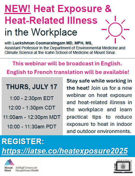 IATSE's tweet image. Stay safe while working in the heat! Join us Thursday for a new webinar on heat exposure and heat-related illness in the workplace and learn practical tips to reduce exposure to heat in indoor and outdoor environments.
Register here: register.gotowebinar.com/register/23731…