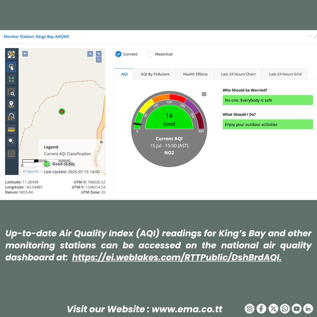 Environmental Management Authority (@emauthority) on Twitter photo Media Release – New Air Quality Monitoring Station Installed in King’s Bay, Tobago.
Click this link to read more:
ema.co.tt/2025/07/16/med…
#environment #airpollution #EMA #trinidadandtobago
Up-to-date Air Quality Index (AQI) readings for the monitoring stations can be accessed Media Release – New Air Quality Monitoring Station Installed in King’s Bay, Tobago.
Click this link to read more:
ema.co.tt/2025/07/16/med…
#environment #airpollution #EMA #trinidadandtobago
Up-to-date Air Quality Index (AQI) readings for the monitoring stations can be accessed