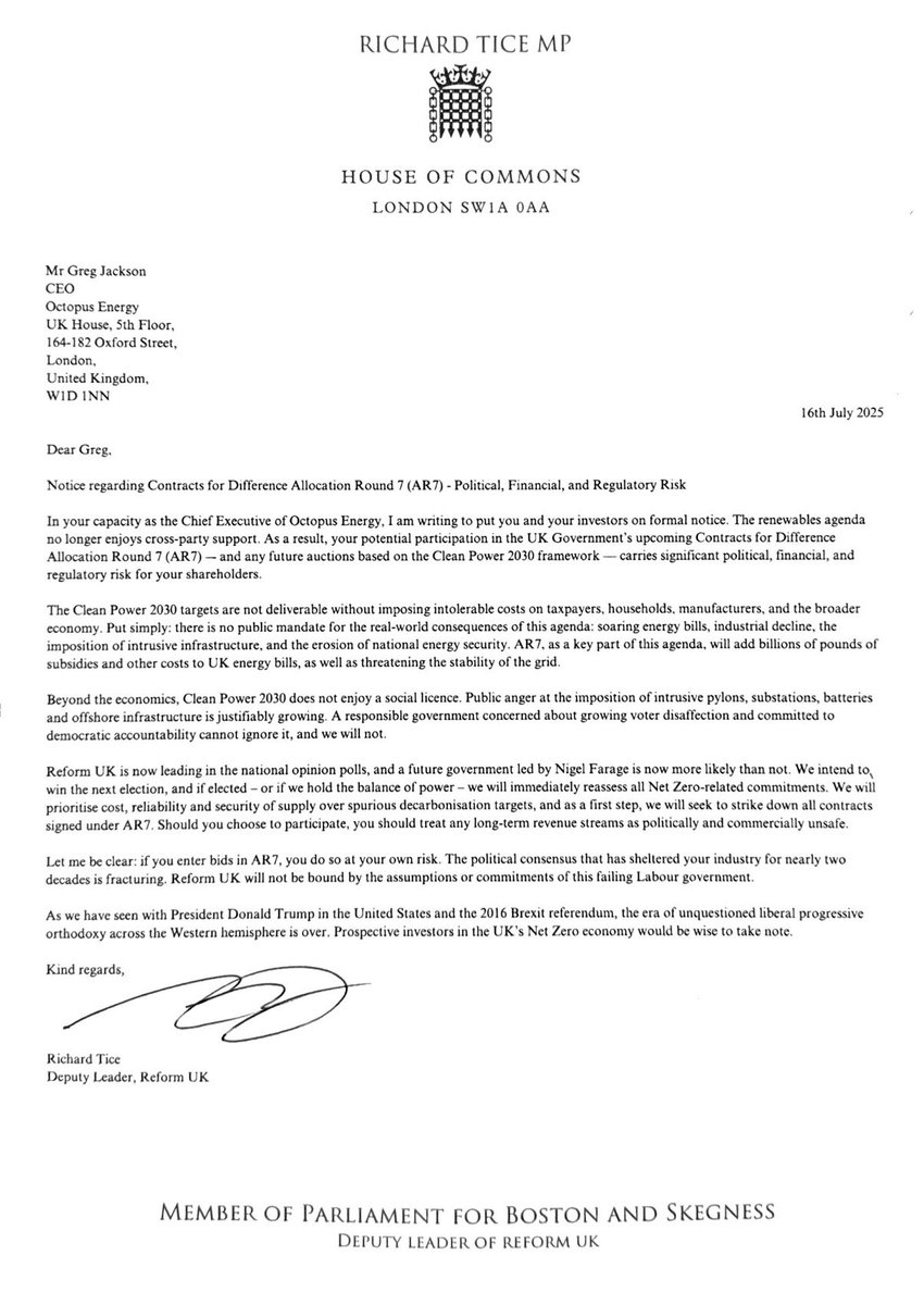 RENEWABLE NOTICE

I have written today to bosses of:
Octopus
Centrica
RWE
SSE Renewable
Orsted
Scottish Power
Equinor 
Vattenfall

Notifying them of the political risks of any bids for this years AR7 

Net Stupid Zero is ruining our countryside &amp; economy

Reform intend to stop it