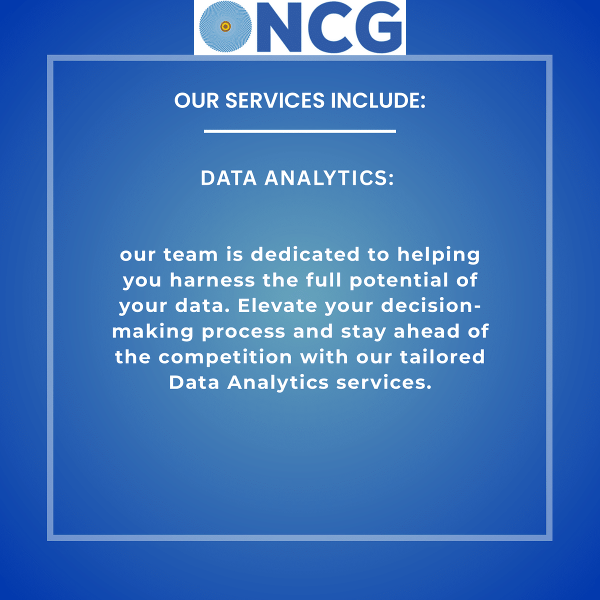 GlobalOncg25's tweet photo. Harness the full potential of your data!
 ONCG Global's tailored Data Analytics services elevate your decision-making, helping you stay ahead of the competition. 
#DataAnalytics #BusinessIntelligence #DataDriven https://t.co/AVOJCsHti4