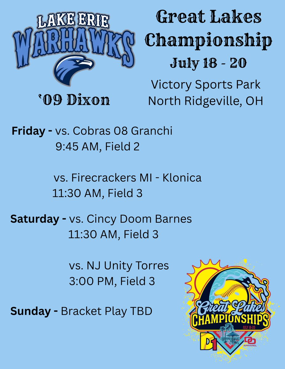 One more time on the dirt this summer!  Your Warhawks finished as a runner up in this last year, looking forward to a great weekend this year!

We will compete, we will play hard regardless of circumstance.  

🥎💪🏼💙🤍🩵

<a href="/d1fastpitch1/">D1 Fastpitch</a>