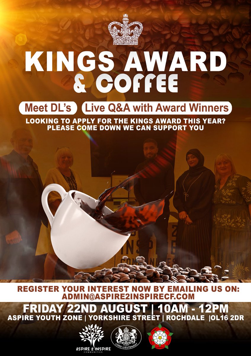 Louise Scott DL 🐝 (@lscott28) on Twitter photo 🌟 Thinking of nominating a group for a King’s Award for Voluntary Service?
Join our FREE info session:
🗓 22 Aug, 10am–12pm
📍 Aspire Youth Zone, OL16 2DR
📧 Register: Admin@Aspire2InspireCF.com
More info: kavs.dcms.gov.uk
#KAVS #VolunteersWeek
@gmlo #Rochdale 🌟 Thinking of nominating a group for a King’s Award for Voluntary Service?
Join our FREE info session:
🗓 22 Aug, 10am–12pm
📍 Aspire Youth Zone, OL16 2DR
📧 Register: Admin@Aspire2InspireCF.com
More info: kavs.dcms.gov.uk
#KAVS #VolunteersWeek
@gmlo #Rochdale