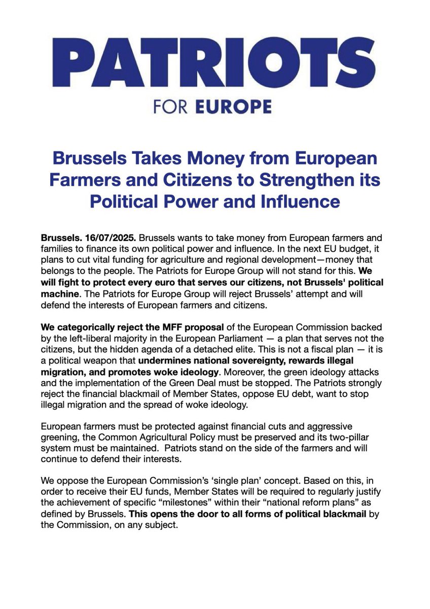 PatriotsEP's tweet image. 🚨 | Brussels wants to cut funding for farmers and families — to fuel woke ideology, illegal immigration, and its own political empire.
We say NO.
📣 Patriots for Europe will fight to protect every euro for our people — not Brussels’ machine.
