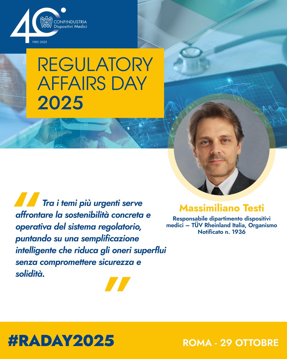 #RADAY2025 | Tra i relatori, sarà presente Massimiliano Testi, Responsabile dipartimento dispositivi medici – TÜV Rheinland Italia, Organismo Notificato n. 1936.

🗓️ 29 ottobre ore 9:30 - 18:30 | Roma, Centro Congressi Auditorium della Tecnica

Iscriviti al Raday:
