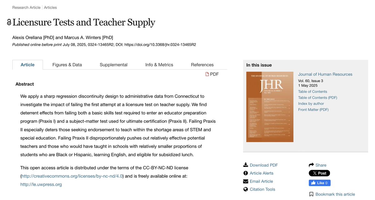 J_HumanResource's tweet image. What happens when a test designed to certify teachers ends up discouraging them? Alexis Orellana and @MarcusAWinters show that failing Praxis II disproportionately deters effective candidates and those headed to schools with fewer disadvantaged students.
jhr.uwpress.org/content/early/…