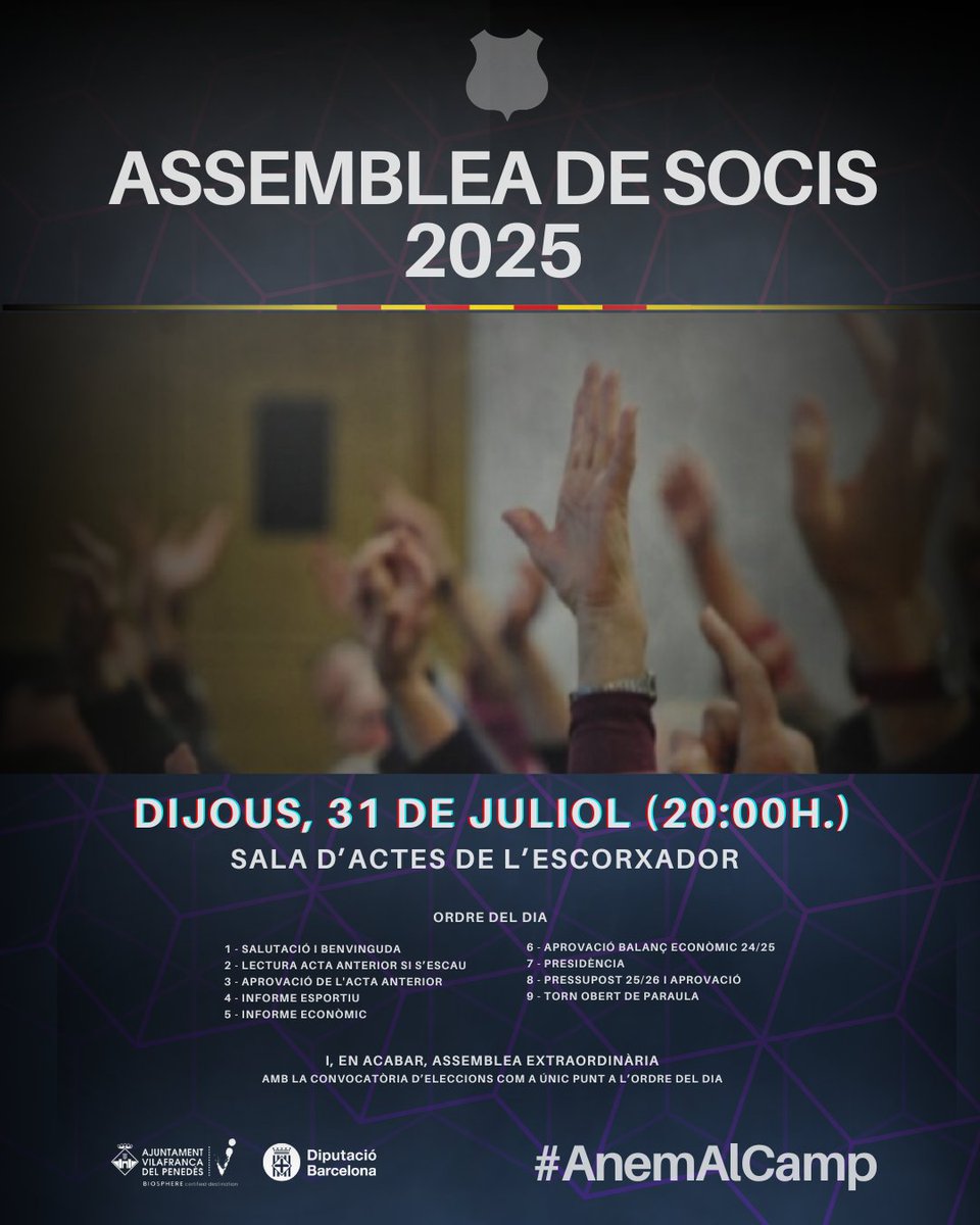 𝐀𝐒𝐒𝐄𝐌𝐁𝐋𝐄𝐀 𝐃𝐄 𝐒𝐎𝐂𝐈𝐒 𝟐𝟎𝟐𝟓

Dijous, 31 de juliol, a les 20h, tindrà lloc l'Assemblea de Socis del FC Vilafranca 2025. L'acte es desenvoluparà a la Sala d'Actes de l'Escorxador.

Més detalls i l'ordre del dia a la fotografia.👇

#AnemAlCamp 
#LligaElit #futbolcat