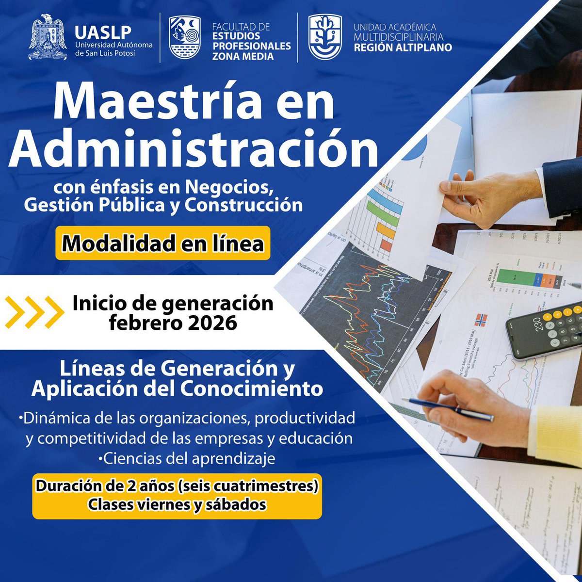 LaUASLP's tweet image. ✅ FEPZM y UAMRA convocan a cursar la Maestría en Administración con 3 énfasis.
✔️ Modalidad en línea.
✔️ Duración: 2 años (6 cuatrimestres). 
✔️ Cupo limitado: 25 personas.
👉 Preinscripciones: del 4 de agosto al 18 de diciembre de 2025. 
Más información: u.uaslp.mx/MaestriaenAdmi…