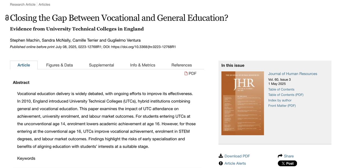 J_HumanResource's tweet image. Does timing matter for hybrid education models? Using an IV based on cohort & distance to school, Machin, @Sandra_McNally, @CamilleTerrier1 & Ventura estimate effects of #UniversityTechnicalColleges.
jhr.uwpress.org/content/early/…