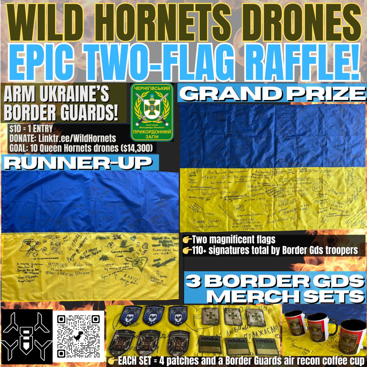wilendhornets's tweet image. Friends, Ukraine's Border Guards urgently need drones to stop the invaders
Please join an epic Wild Hornets 2-flag raffle to arm these heroes!🐝
🎟Donate $10/entry: linktr.ee/WildHornets
🎯GOAL: 10 Queen Hornets ($14,300)
Reply/DM @Wendehopes / @kerri970 / @KanariFella…