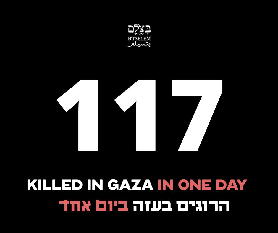 btselem's tweet image. The killing in Gaza continues. Yesterday, July 15, the Israeli military killed 117 people, 9 of whom were waiting for humanitarian aid
ישראל ממשיכה את ההרג בעזה. אתמול, 15.7, הצבא הישראלי הרג 117 בני אדם - מתוכם 9 בעת שחיכו לסיוע הומניטרי