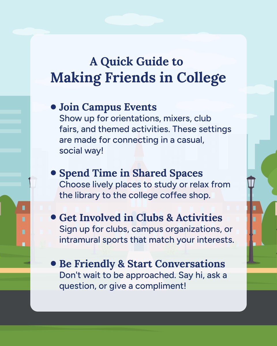 Making friends in college doesn’t have to be hard, all it takes is showing up and making an effort. 🤗🤝 A simple smile, a question, or a compliment can go a long way in building real connections! #collegeave #collegestudent #friendship #newfriends