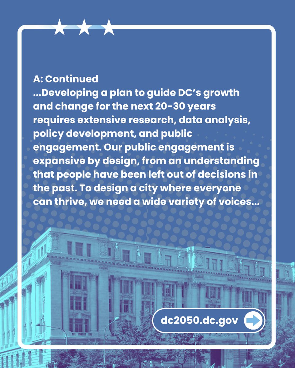 OPinDC's tweet image. We're talking with residents each week for DC 2050 and sharing some questions we're getting.
Have a question of your own? Put it in the comments or email us at DC2050@dc.gov.