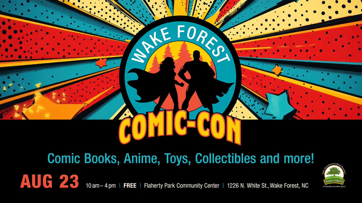 The Wake Forest PRCR Dept is partnering with Play4Life Comics to host the 2025 Wake Forest Comic-Con on Saturday, August 23. The event will take place at a NEW location - Flaherty Park Community Center, 1226 N. White St., from 10am to 4pm.
 
Visit bit.ly/WFComicCon