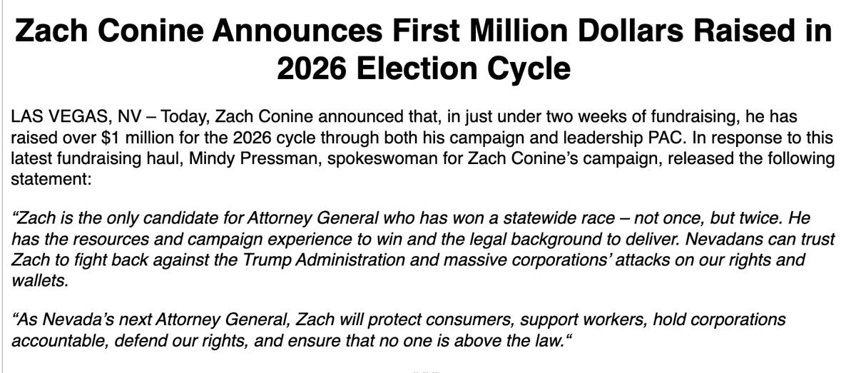 tabitha_mueller's tweet image. 👀 Inbox: Treasurer Zach Conine's campaign announced they raised more than $1 million through his campaign and leadership PAC for the 2026 cycle.
Conine is running for attorney general in 2026.
