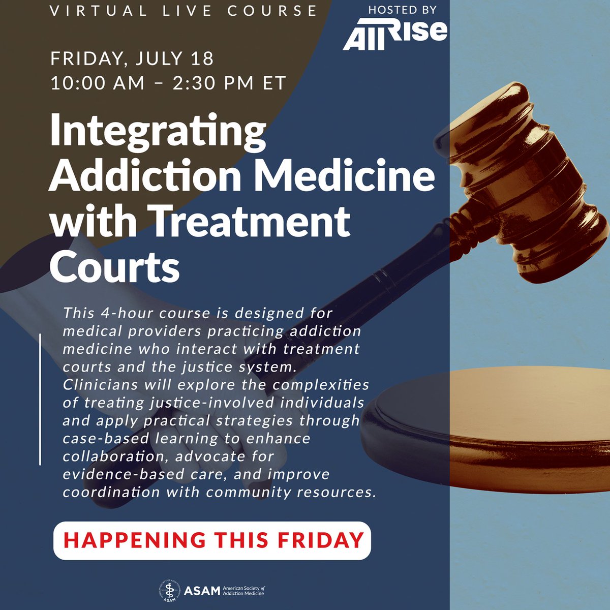 ASAMorg's tweet image. 🚨LAST CALL🚨 to register for the upcoming virtual live Treatment Courts course happening this Friday >> ow.ly/vEGX50WqiO3
#ASAM #AllRise #AddictionMedicine #AddictionTreatment #TreatmentCourts