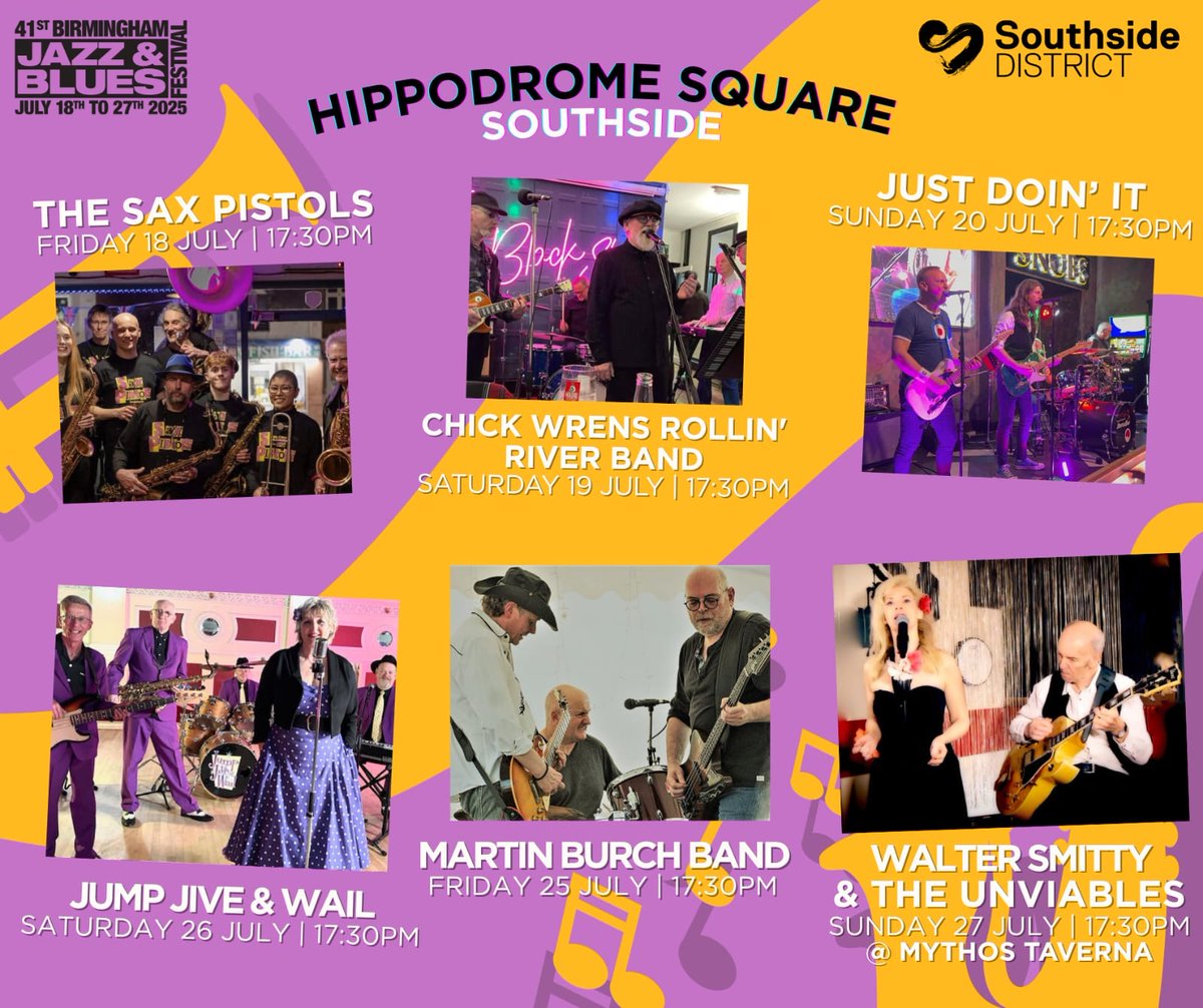 SouthsideDist's tweet image. 🎷 Jazz nights in Southside! We&apos;ve got an incredible line-up bringing live music to Hippodrome Square and Mythos Taverna from 18–27 July. All shows start at 17:30 👉 Find out who&apos;s playing and when: southsidedistrict.co.uk/stories/the-bi…

#BJBFESTIVAL