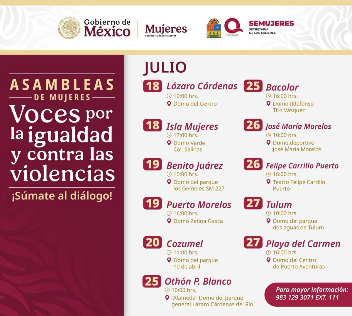 📣 Este 18 de julio arranca en Quintana Roo la jornada federal “Asambleas de las Mujeres: Voces por la Igualdad” 🟣

En coordinación con la <a href="/semujeresqroo/">SEMUJERES</a> y representantes del gobierno federal, escucharemos las vivencias, propuestas y voces de más de 200 mujeres por sesión.

🗣️