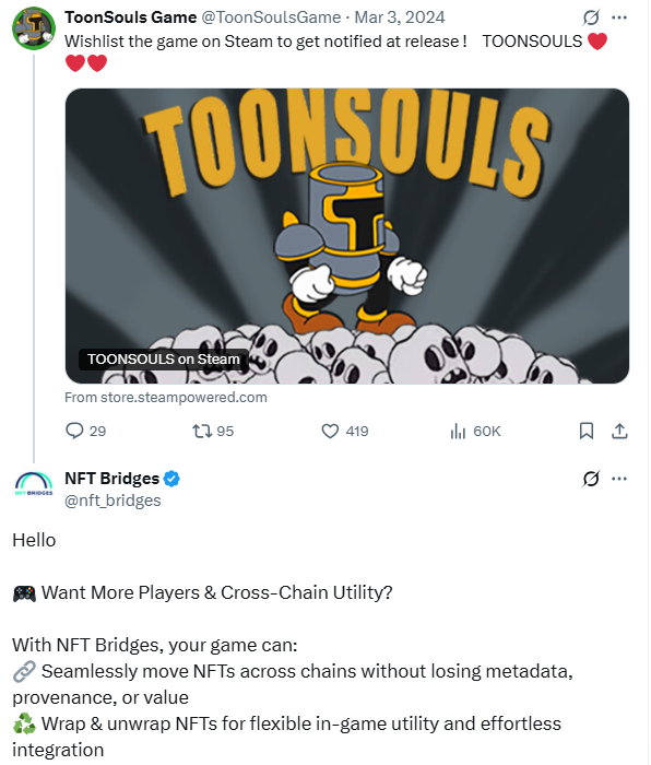 Someone took my pinned post about my game ToonSouls and instead of reading and talking about the game, they shared their business (NFT).
Should I laugh or cry?