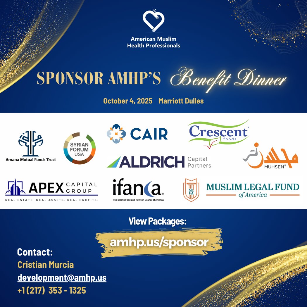 AMHP (@muslimhealth) on Twitter photo ๐ Sponsor AMHP's Benefit Dinner!
Highlight your business & join an esteemed list of sponsors! Receive promotion on our newsletter & social media of 30,000 subscribers.
โ๏ธ development@amhp.us
โก๏ธ amhp.us/sponsor
Please note: Perks vary depending on selected package. ๐ Sponsor AMHP's Benefit Dinner!
Highlight your business & join an esteemed list of sponsors! Receive promotion on our newsletter & social media of 30,000 subscribers.
โ๏ธ development@amhp.us
โก๏ธ amhp.us/sponsor
Please note: Perks vary depending on selected package.