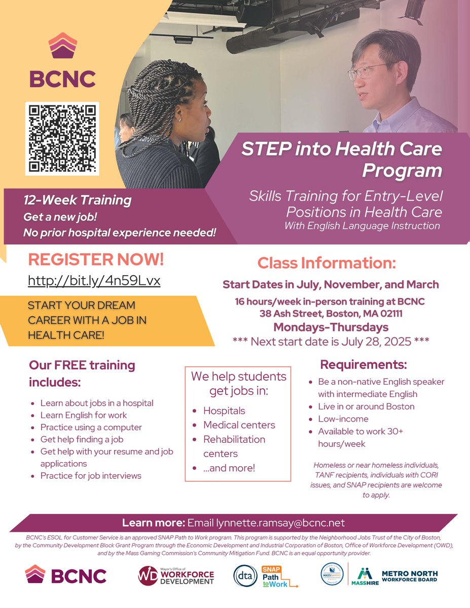 MIRACoalition's tweet image. Join @bcncinc upcoming STEP into Healthcare Program, starting July 28th.
Their FREE training includes;
➡️ Learn about jobs in hospitals
➡️ Learn English for work
➡️ Get help with your resume and job applications
and so much more!
Register at bit.ly/4n59Lvx