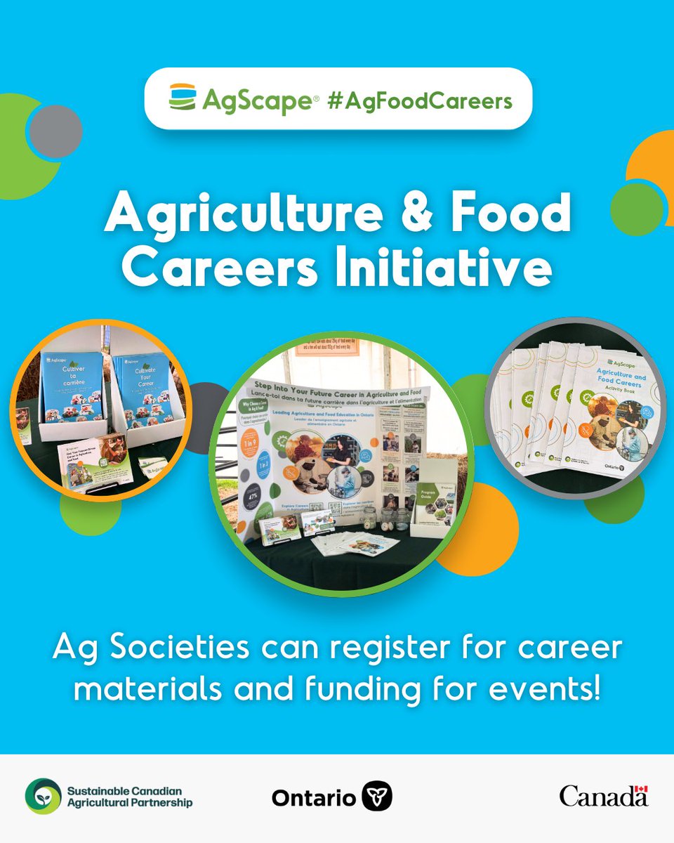 AgScapeON's tweet photo. Attention Ontario agricultural societies! The Agriculture and Food Careers Initiative provides funding to showcase the diversity of careers within the agriculture and agri-food sector. 

Agricultural societies can register with AgScape to receive engaging career materials to display at their events with funding provided per fair day from OMAFA (@AgricultureON). 

Learn more at https://t.co/H9cVY6UAAz

#AgFoodCareers