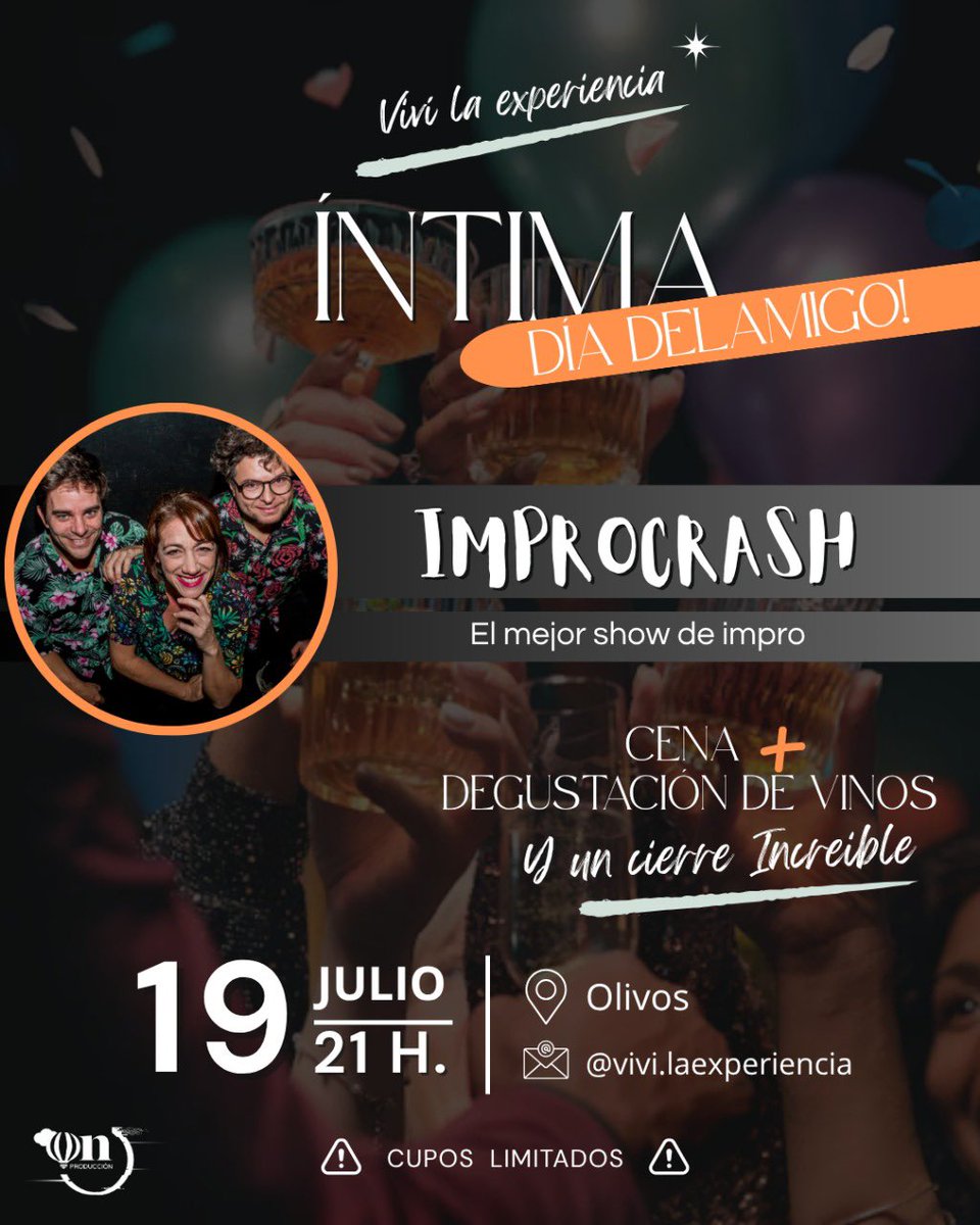 OnProduccionok's tweet photo. El plan perfecto para este ✨Día del Amigo✨
🍷 Degustación de vinos boutique
🍽 Cena completa con entrada, nuestro guiso estrella y postre
🎤 Show IMPROCRASH🔥
🥂 Brindis final
📍 Olivos – espacio privado, amplio y exclusivo
📩 Escribinos por DM para reservar tu lugar https://t.co/LZEMH4fCbm