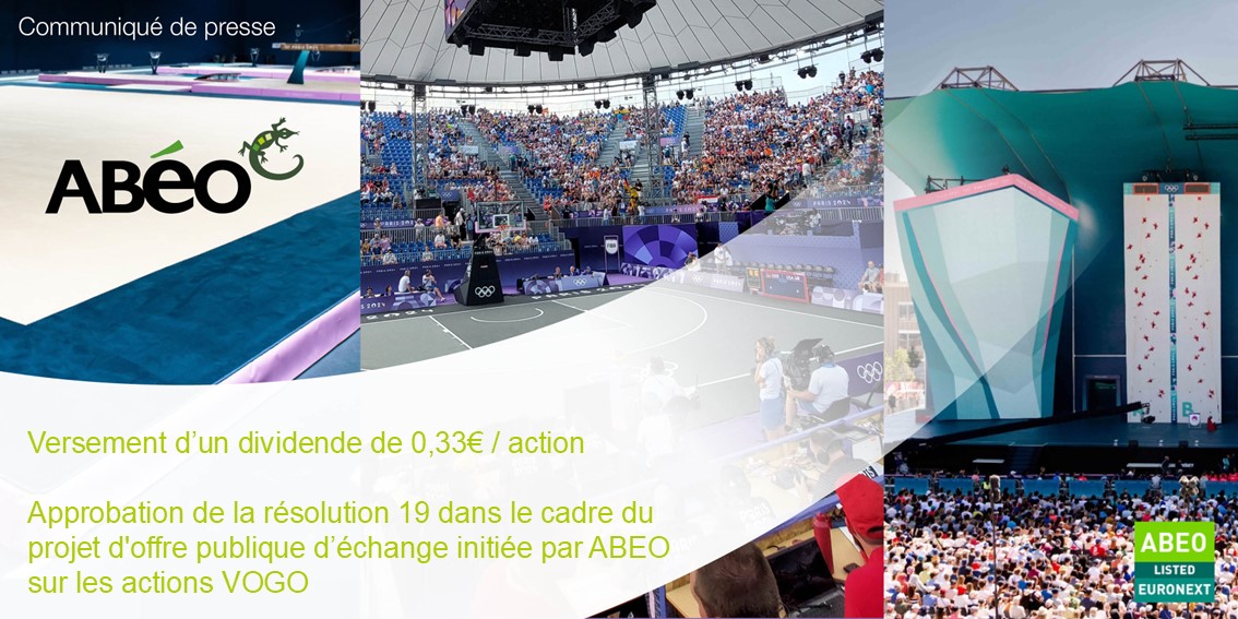 groupabeo's tweet photo. 🦎 [𝐀𝐆 𝐀𝐁𝐄𝐎] Résultats de l’AG mixte du 15/07/25 :

📌 Dividende de 0,33 €/action
🔹 Détachement : 29/07/25
🔹 Paiement : 31/07/25

📄 CP : https://t.co/mFZIni4332

#ABEO #Dividende #VOGO #AssembléeGénérale #Finance #Sport #Croissance https://t.co/4AKKSnmvvk