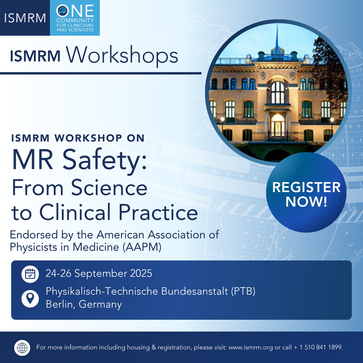 ISMRM's tweet image. REGISTER NOW for the ISMRM Workshop on MR Safety!
ISMRM Workshop on MR Safety: From Science to Clinical Practice
24-26 September 2025 | Berlin, Germany
Register now: ismrm.org/workshops/2025…
#ISMRM #ISMRT #MRSafety #MedicalImaging #MR #MagneticResonance #MRI