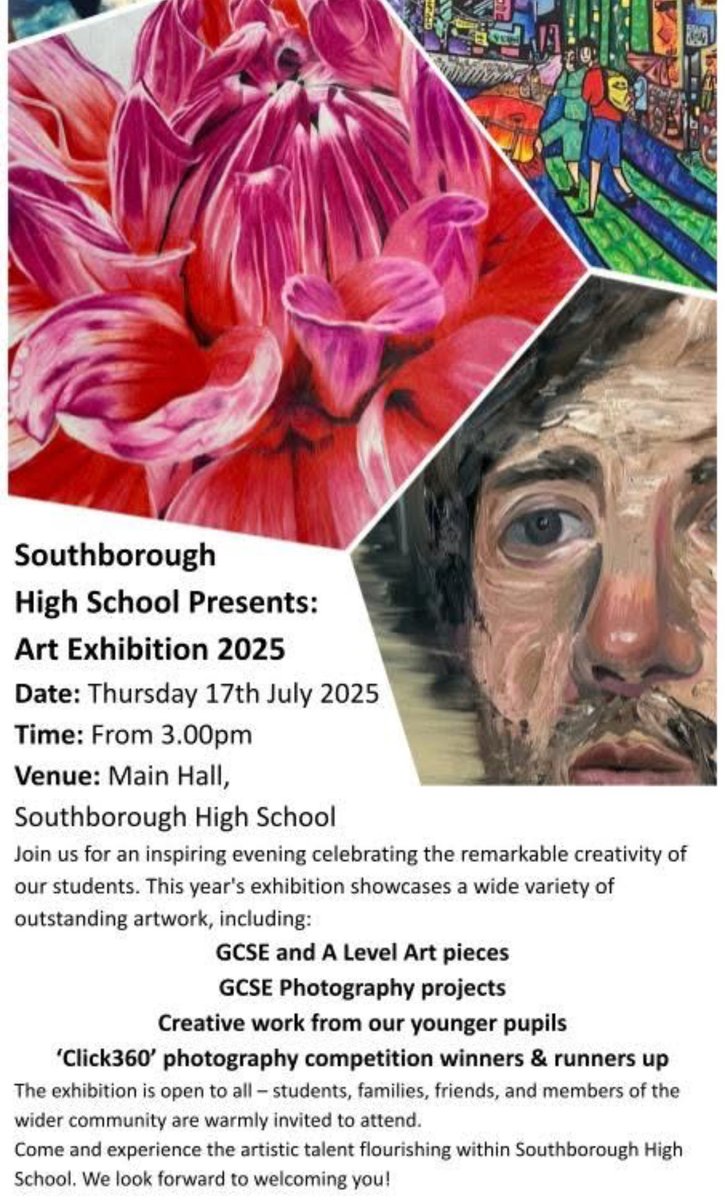 Mr Morgan@SHSrbk (@davidmorganart) on Twitter photo And the winners are…
Come and see the winning Student & Staff photographs in this year’s <a href="/shsrbk/">Southborough High School</a> ‘click360’ photography competition at our Art Exhibition from 3pm 17th July. And the winners are…
Come and see the winning Student & Staff photographs in this year’s <a href="/shsrbk/">Southborough High School</a> ‘click360’ photography competition at our Art Exhibition from 3pm 17th July.