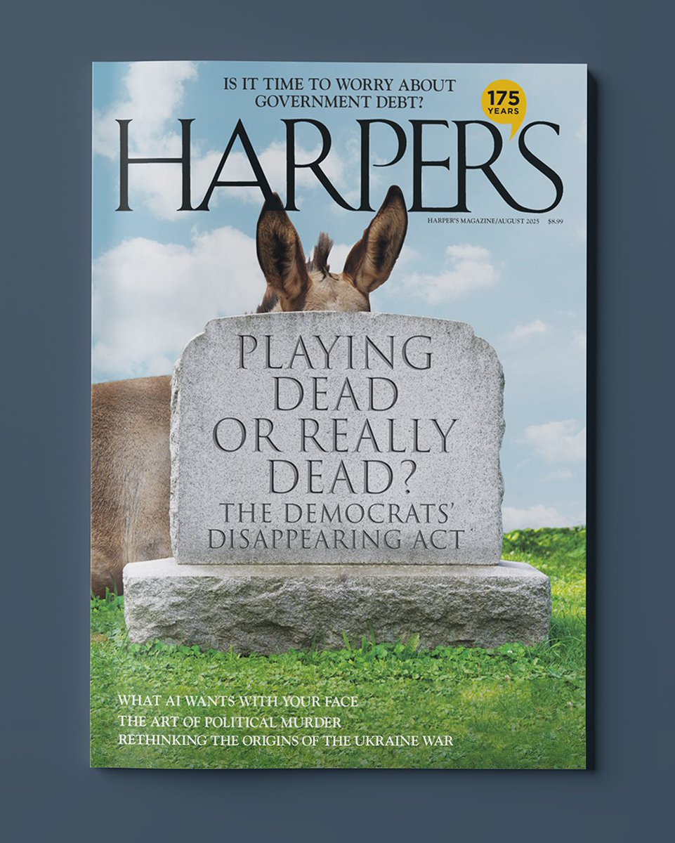 Harpers's tweet image. In our August issue: Andrew Cockburn on the future of the Democratic Party; Michael W. Clune on AI facial recognition; Mary Childs on the U.S. Treasury market; a memoir from Souvankham Thammavongsa; Katie Kitamura on Yuko Tsushima; and fiction by Amie Barrodale.…