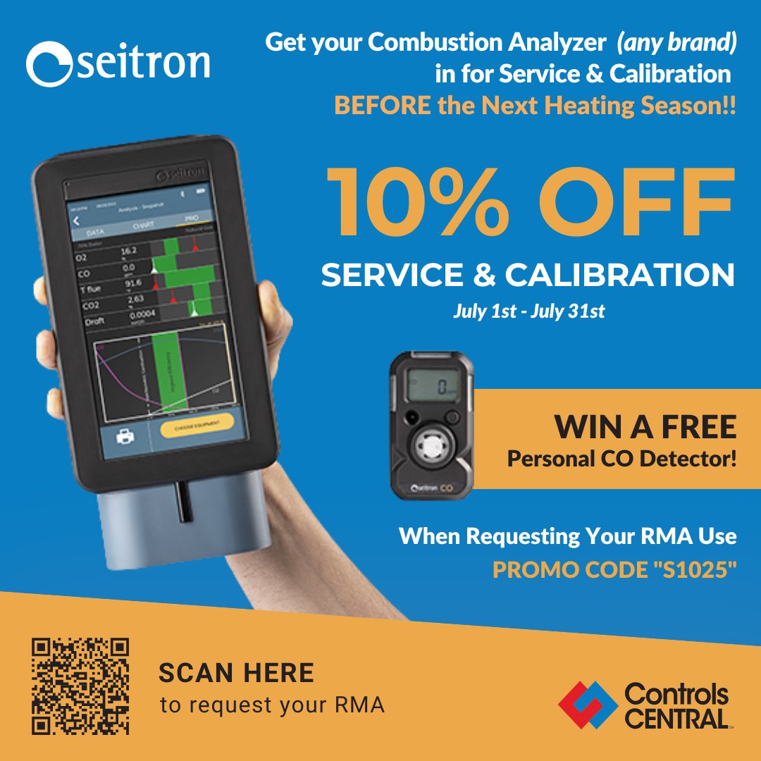 ControlsCentral's tweet image. 🔥 Summer deal from Seitron
Get 10% off service & calibration on ANY brand combustion analyzer thru July 31
Use code "S1025" when requesting your RMA for a shot at a FREE personal CO detector: bit.ly/46d1AY6
Shop Seitron at ControlsCentral.com bit.ly/40XIaD1