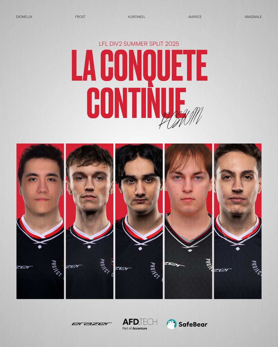 PCSDIV2's tweet image. 🔴| ROSTER SUMMER 2025 |⚫️
Même lineup, même objectif : Tout détruire.
La conquête continue pour ce Summer 2025 ! 🔥
#PCSWIN @ErazerFrance @AFD_TECH