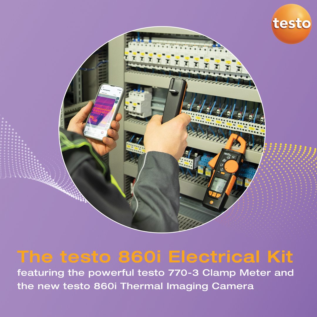 TestoLimited's tweet image. ⚡Diagnose smarter with the testo 860i Electrical Kit!
Get high-res thermal imaging + precise electrical measurements, all synced to the Testo Smart App. Ready for any inspection 🔧
👉 pulse.ly/rfoc5oj2zm
#testo #thermal #thermography #thermalImaging